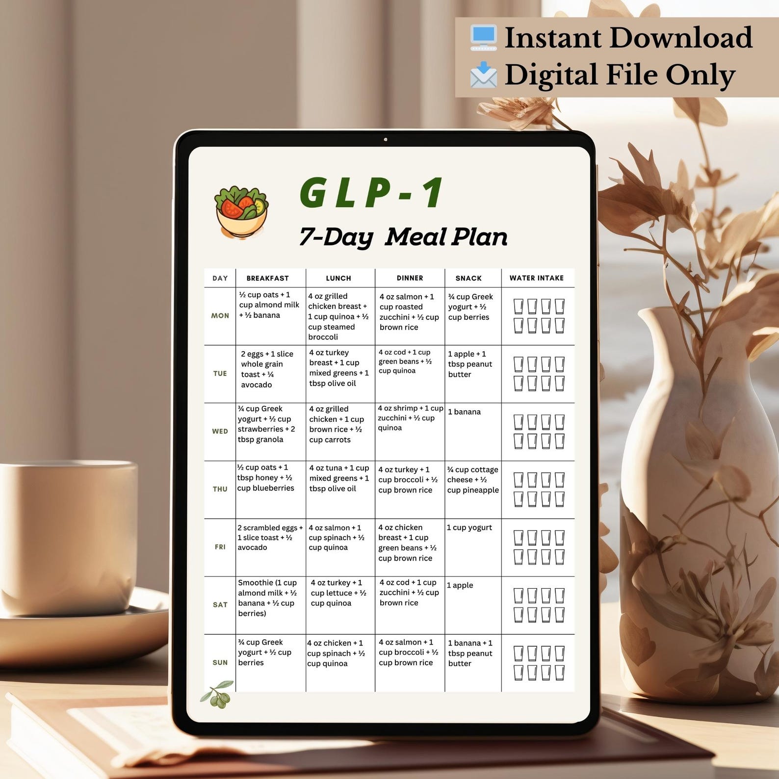 GLP-1 Meal Plan, 7 Day GLP1 Diet Meal Plan With Water Tracker, High ...