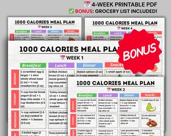 May include: A colorful 1000 Calories Meal Plan, a 4-week printable PDF with a bonus grocery list. The plan is divided into breakfast, lunch, dinner, and snack sections, with daily meal suggestions for each week.
