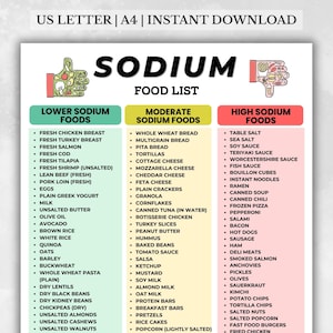 May include: A printable food list categorized by sodium content, with sections for lower, moderate, and high sodium foods. Includes a variety of foods such as fresh meats, grains, dairy, and processed items. The document is designed for instant download.