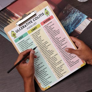 Printable Ulcerative Colitis Food List featuring a selection of low residue, low fiber, and low fat foods. Organized into clear categories to help with grocery shopping and meal planning. Designed as an easy-to-read A4 PDF format. Digital download for personal use only.