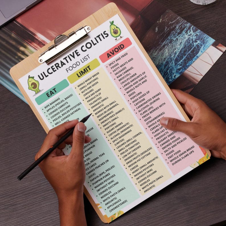 Printable Ulcerative Colitis Food List featuring a selection of low residue, low fiber, and low fat foods. Organized into clear categories to help with grocery shopping and meal planning. Designed as an easy-to-read A4 PDF format. Digital download for personal use only.
