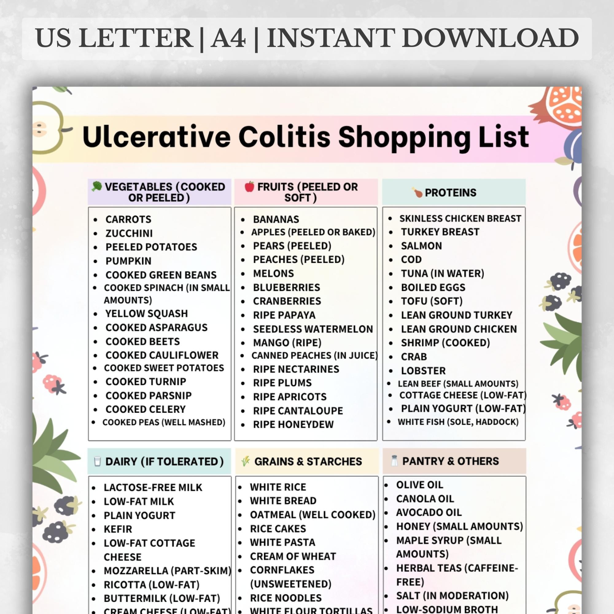 Lista de alimentos para la colitis ulcerosa, alimentos bajos en residuos, fibra y grasas, lista de alimentos para la colitis ulcerosa, tabla de alimentos para la dieta de la colitis ulcerosa