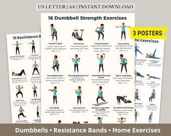 Workout Bundle, 3 Printable Posters, Dumbbell Strength Exercises, Resistance Band Exercises, Full Body Home Exercises, Fitness Wall Art PDF