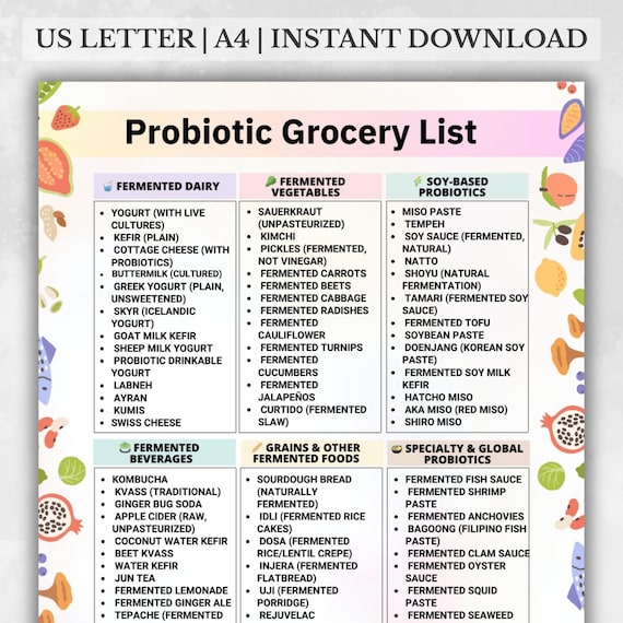 Probiotic Grocery List Printable | Probiotic Foods Chart | Fermented Foods List | Probiotic Shopping List PDF Download