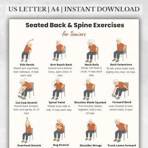 Seated Back and Spine Exercises for Seniors Printable | Chair Stretch Chart for Older Adults | Low Impact Workout Poster | Fitness Printable
