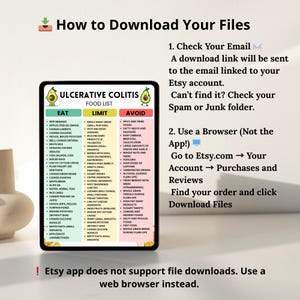 Printable Ulcerative Colitis Food List featuring a selection of low residue, low fiber, and low fat foods. Organized into clear categories to help with grocery shopping and meal planning. Designed as an easy-to-read A4 PDF format. Digital download for personal use only.