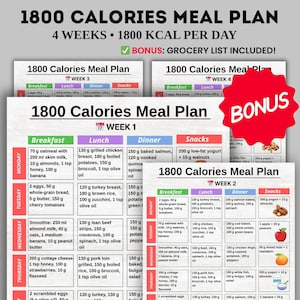 1800 Calories Meal Plan Printable PDF, 4 Week 1800 Calories Meal