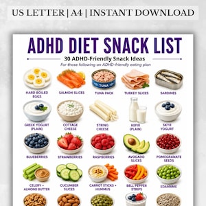 May include: A printable ADHD diet snack list with 30 ideas, including hard-boiled eggs, salmon slices, tuna, turkey slices, sardines, Greek yogurt, cottage cheese, string cheese, kefir, and Skyr yogurt. Also includes blueberries, strawberries, raspberries, avocado slices, and pomegranate seeds.