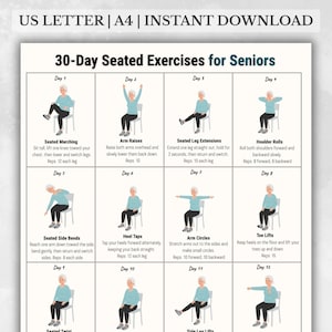May include: A printable A4 exercise chart for seniors, detailing a 30-day seated exercise program. The chart includes illustrations of exercises such as arm raises and leg extensions, with instructions and rep counts for each, suitable for home use.