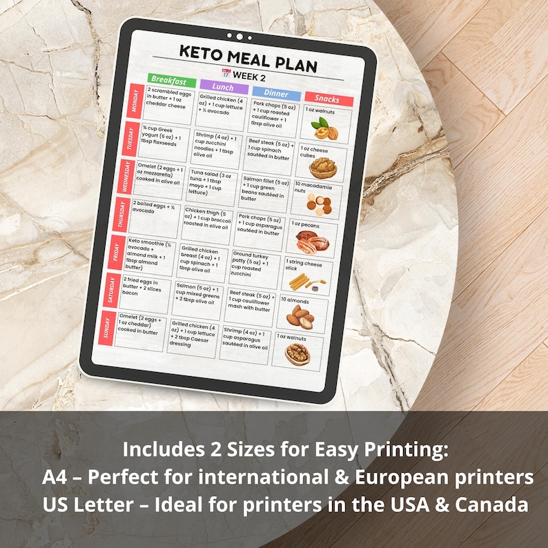Keto Meal Plan 4 Weeks with Grocery List | Printable Low Carb 28 Day Ketogenic Diet Planner PDF (US Letter & A4)
