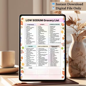 Low sodium grocery list printable PDF showing 6 categories with 20 foods each for meal planning and shopping, instant digital download.
