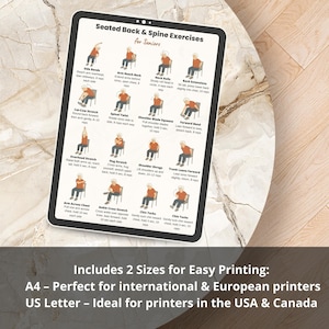 Seated Back and Spine Exercises for Seniors Printable | Chair Stretch Chart | Low Impact Workout Poster