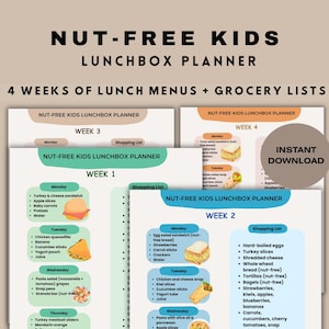 Nut-Free Kids Lunchbox Planner | 4-Week School Meal Plan & Grocery List | Printable PDF for Nut Allergies, Food Allergies, Safe Meals