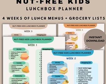 Nut-Free Kids Lunchbox Planner | 4-Week School Meal Plan & Grocery List | Printable PDF for Nut Allergies, Food Allergies, Safe Meals