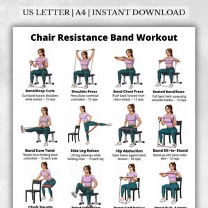 May include: A printable workout guide titled "Chair Resistance Band Workout" with illustrations of exercises using resistance bands while seated. The guide includes exercises like bicep curls, shoulder press, and core twists. Text at the top reads "US LETTER | A4 | INSTANT DOWNLOAD".