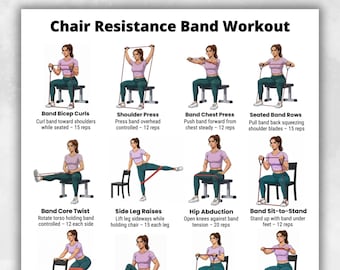 Entrenamiento con banda de resistencia en silla (PDF imprimible), póster de ejercicios con banda sentado, rutina de fitness de bajo impacto para el hogar, tabla de fuerza corporal completa