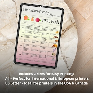 Printable 7-day heart-friendly meal plan PDF with clean eating ideas for breakfast, lunch, dinner, and snacks. Includes eat, limit, and avoid food chart. Designed for low sodium and whole food grocery planning. Suitable for those following a heart-conscious lifestyle or looking to organize weekly meals. US Letter and A4 formats. Instant digital download.