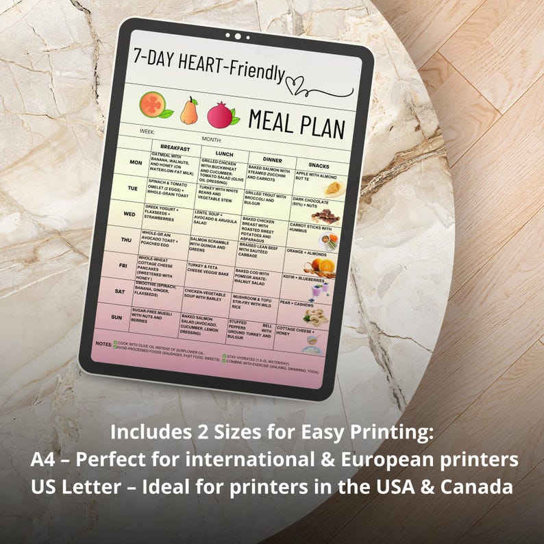 Printable 7-day heart-friendly meal plan PDF with clean eating ideas for breakfast, lunch, dinner, and snacks. Includes eat, limit, and avoid food chart. Designed for low sodium and whole food grocery planning. Suitable for those following a heart-conscious lifestyle or looking to organize weekly meals. US Letter and A4 formats. Instant digital download.