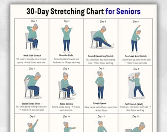 May include: A printable 30-Day Stretching Chart for Seniors, featuring illustrations of various exercises. The chart includes exercises like Neck Side Stretch, Shoulder Rolls, and Seated Hamstring Stretch, with instructions and hold times. The text at the top reads "US LETTER | A4 | INSTANT DOWNLOAD".