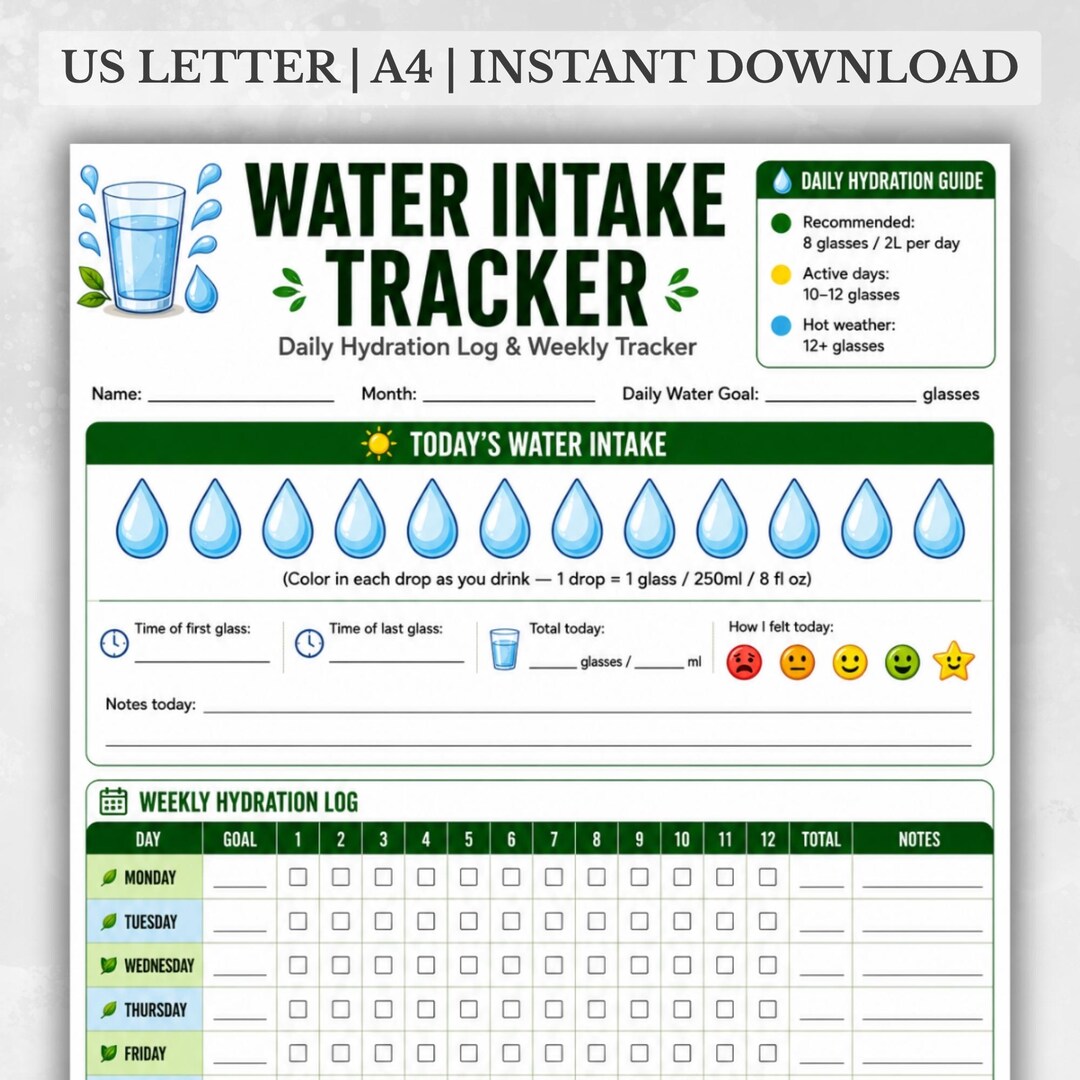 Water Intake Chart.pdf Water Intake Tracker Printable, Daily Hydration Log PDF, Weekly Water ...