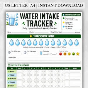Op de afbeelding: Een afdrukbare waterinname tracker met de tekst "WATER INTAKE TRACKER" en "Daily Hydration Log & Weekly Tracker". Het ontwerp bevat een dagelijkse hydratatiegids, waterdruppel illustraties en een wekelijks hydratatie logboek. Beschikbaar in US Letter en A4.