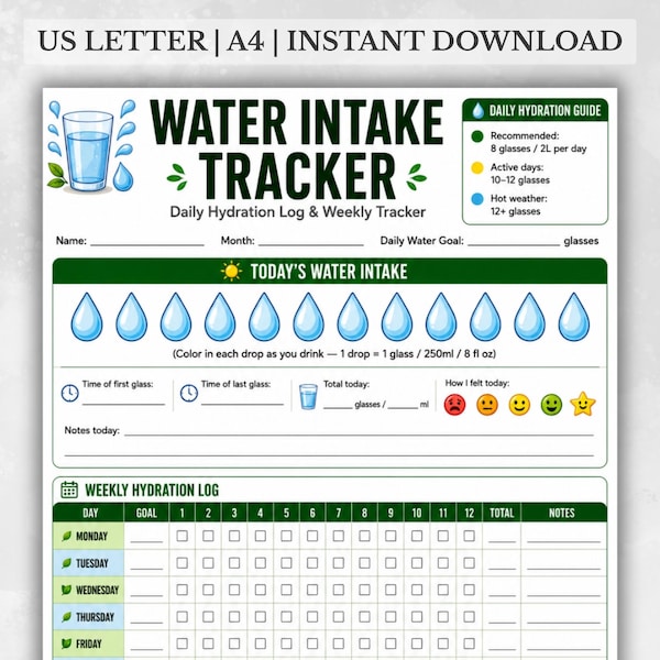 Water Intake Sheet.pdf Drinking Water Log - Etsy