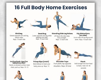 Tabla de ejercicios de cuerpo completo en casa / 16 ejercicios fáciles / Póster de ejercicios imprimible / Rutina de ejercicios en casa en PDF / Arte mural de fitness / Tamaño A4 y carta EE. UU.