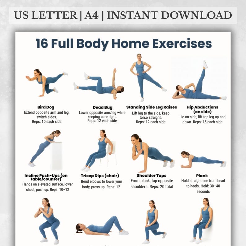 Full Body Home Workout Chart – 16 Easy Exercises