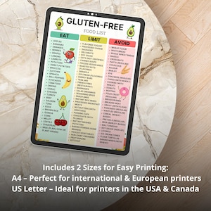 Gluten free grocery list printable with categorized food items for celiac and gluten intolerance, available as instant PDF download