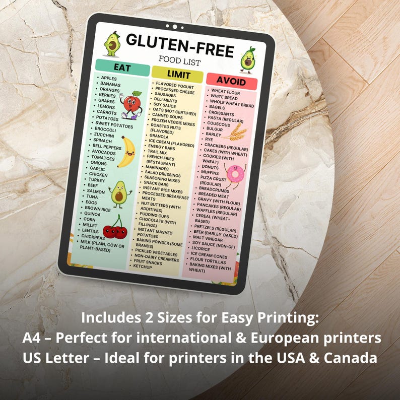 Gluten free grocery list printable with categorized food items for celiac and gluten intolerance, available as instant PDF download