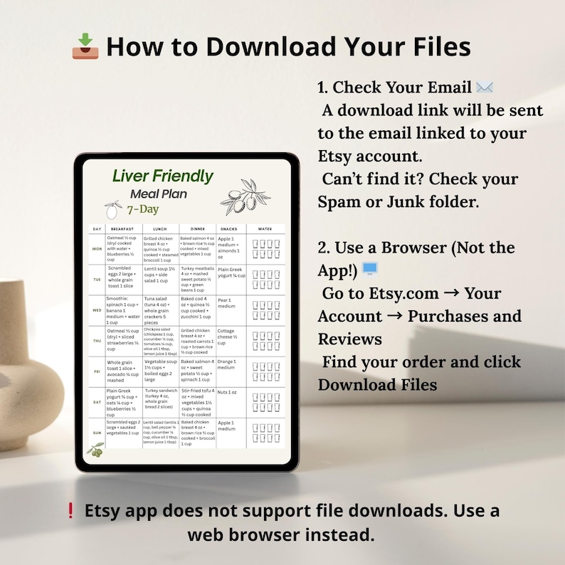 Liver Friendly 7 Day Meal Plan Printable PDF showing a weekly meal plan layout with breakfast, lunch, dinner and snack for each day. Digital food planning document using US measurements, designed as a clean, easy to read printable page. Includes A4 and US Letter formats. Digital download file, no physical item included.