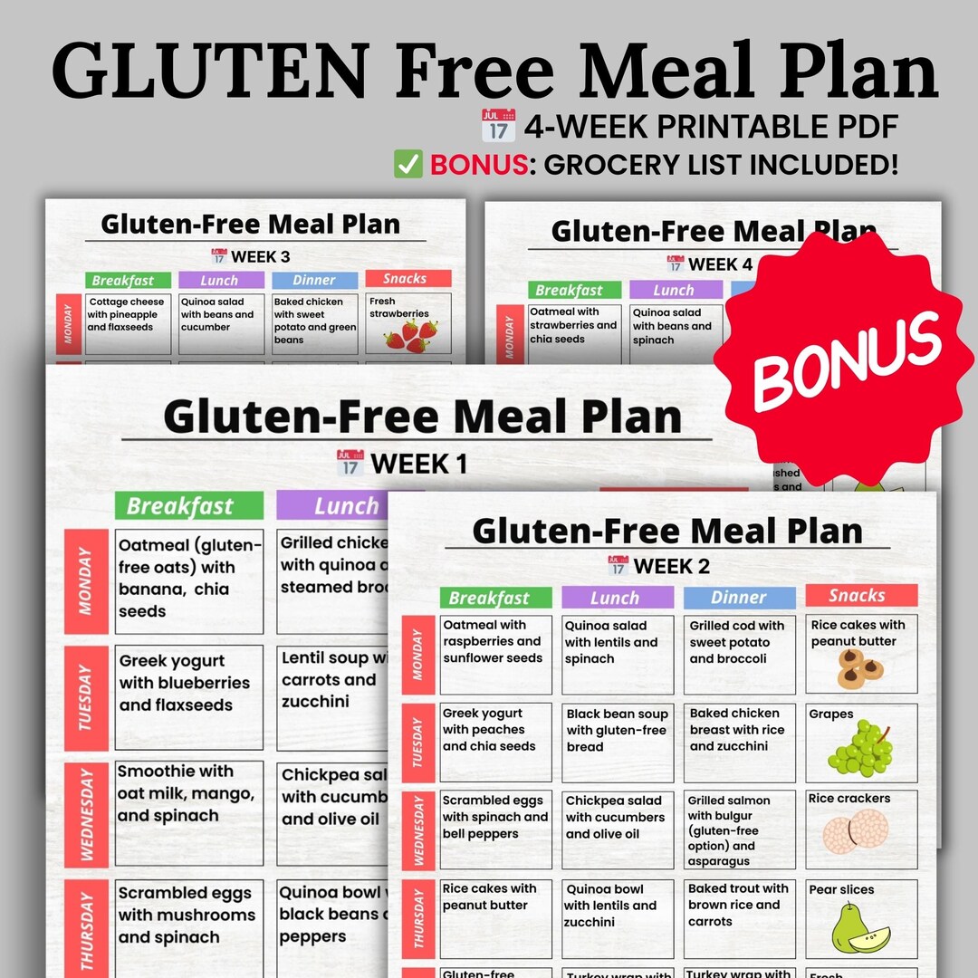 Gluten Free Meal Plan 28 Day PDF, 4 Week Celiac Diet Menu Printable ...