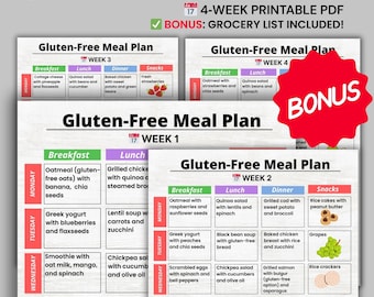 May include: A 4-week printable PDF gluten-free meal plan, detailing breakfast, lunch, dinner, and snack ideas. Includes a grocery list and a bonus. The image displays the text "Gluten Free Meal Plan".