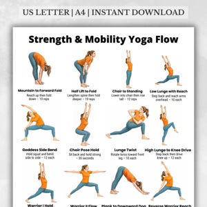 May include: A printable yoga flow chart titled "Strength & Mobility Yoga Flow" with illustrations of various yoga poses. The chart includes poses like Mountain to Forward Fold, Chair Pose Hold, and Warrior II Flow, with instructions and repetitions.