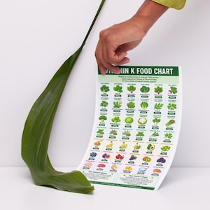 May include: A Vitamin K Food Chart lists the vitamin K content in various foods. The chart features illustrations of leafy greens, fruits, and vegetables, with their vitamin K content per serving. A green leaf is in the foreground.