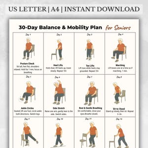 May include: A printable 30-Day Balance & Mobility Plan for Seniors. The plan includes illustrated exercises like Posture Check, Heel Lifts, Toe Lifts, and Marching. The text "US LETTER | A4 | INSTANT DOWNLOAD" is at the top.
