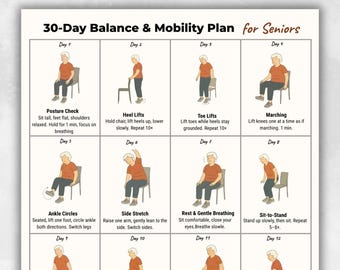 30-Day Balance & Mobility Plan for Seniors Printable | Chair Workout Chart | Low Impact Seated Exercises for Older Adults