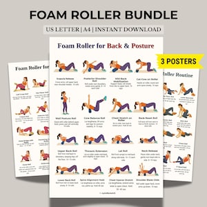 Op de afbeelding: Een bundel met oefengidsen voor foamrollers. De posters tonen verschillende oefeningen voor rug en houding, waaronder scapula release, posterior shoulder roll en mid-back mobilization. De tekst "Foam Roller Bundle" staat bovenaan.
