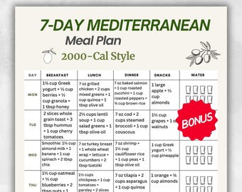 Mediterranean Diet Meal Plan 2000 Cal, 7 Day Mediterranean Menu, Mediterranean Style Weekly Meal Plan PDF, Grocery List, Printable Planner