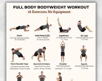 16 ejercicios de peso corporal en casa / Tabla de ejercicios de cuerpo completo para hombres / Entrenamiento sin equipo imprimible / Rutina de principiante a intermedio