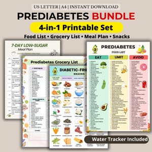 Peut inclure: Un ensemble imprimable pour le diabète, comprenant une liste d'aliments, une liste d'épicerie, un plan de repas et des collations. Comprend un plan de repas à faible teneur en sucre de 7 jours et un suivi de l'eau.