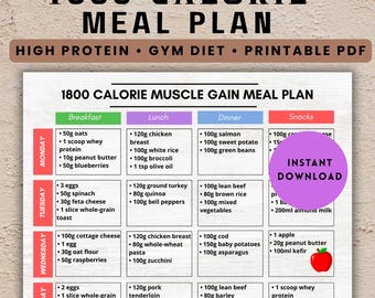 May include: A printable 1800 calorie muscle gain meal plan for 7 days with 4 meals per day. The meal plan includes breakfast, lunch, dinner, and snacks. The plan includes foods such as oats, chicken breast, salmon, lean beef, and cottage cheese.