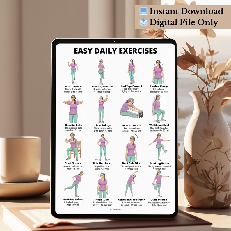 May include: A digital print titled "EASY DAILY EXERCISES" displays illustrated exercise instructions. The exercises include marching in place, knee lifts, heel taps, shoulder shrugs, rolls, arm swings, forward reach, wall squat, chair squats, side step touch, neck tilts, and leg raises.
