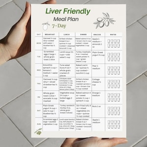 Liver Friendly 7 Day Meal Plan Printable PDF showing a weekly meal plan layout with breakfast, lunch, dinner and snack for each day. Digital food planning document using US measurements, designed as a clean, easy to read printable page. Includes A4 and US Letter formats. Digital download file, no physical item included.