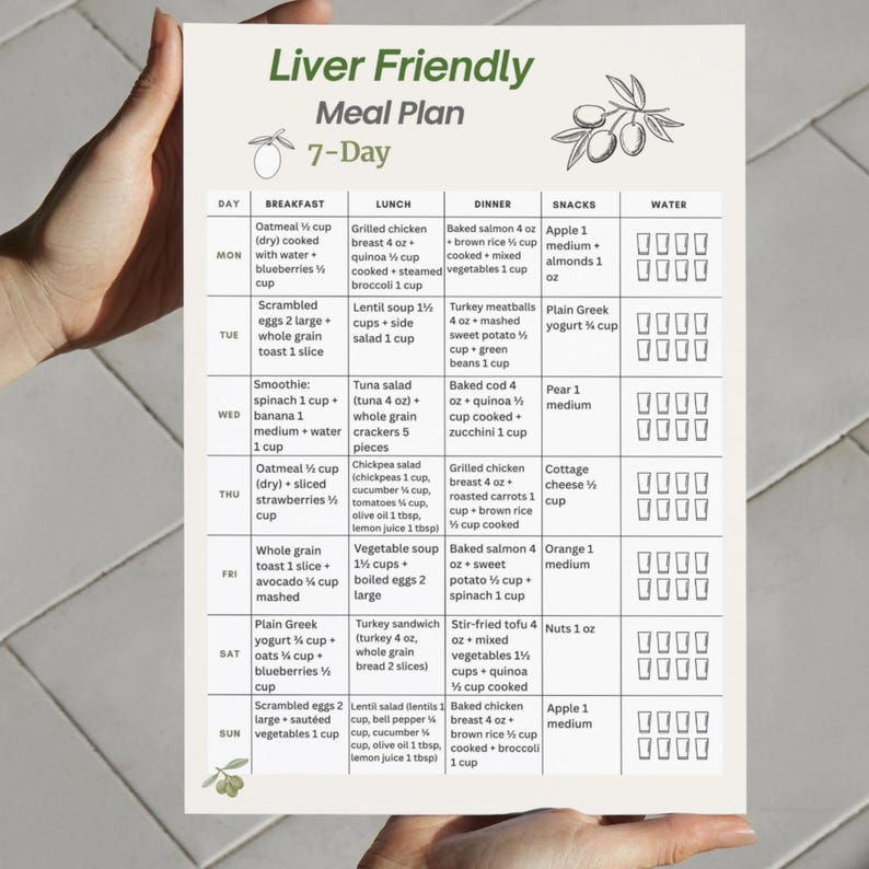 Liver Friendly 7 Day Meal Plan Printable PDF showing a weekly meal plan layout with breakfast, lunch, dinner and snack for each day. Digital food planning document using US measurements, designed as a clean, easy to read printable page. Includes A4 and US Letter formats. Digital download file, no physical item included.