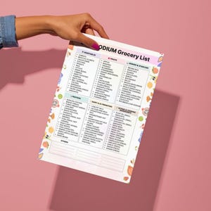 Low sodium grocery list printable PDF showing 6 categories with 20 foods each for meal planning and shopping, instant digital download.