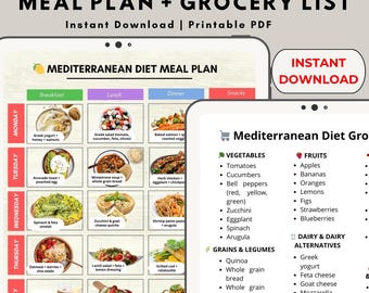Mediterranean Diet Meal Plan with Recipes & Grocery List | Printable PDF for Clean Eating | Meal Prep Guide | Instant Download