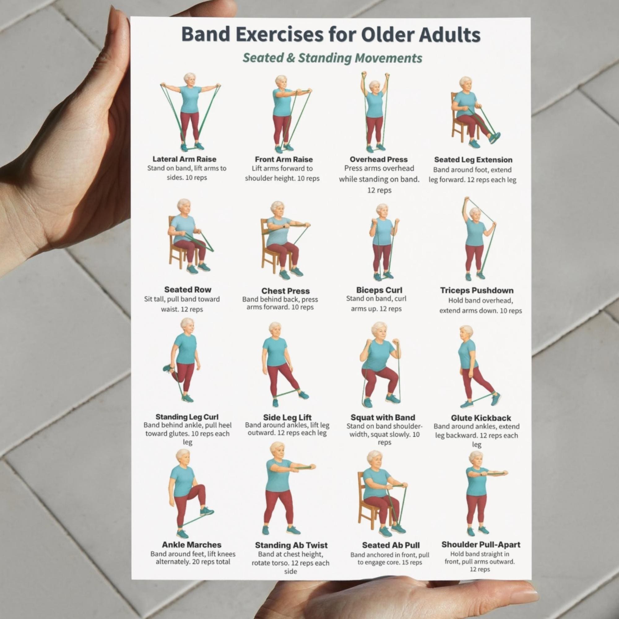 Resistance Band Exercises for Older Adults Printable | Seated ...