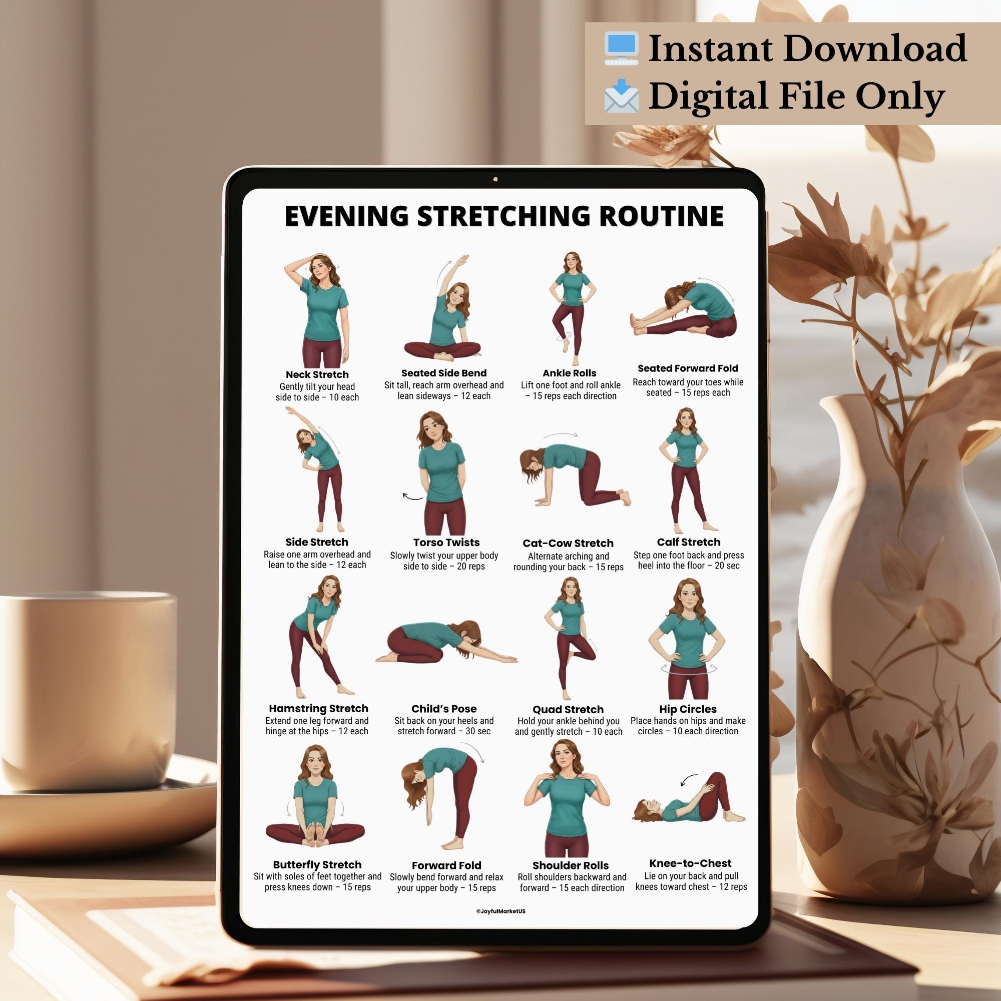 Print Off Stretching Routine Evening Stretching Routine for Women | Full Body Stretch Chart ...