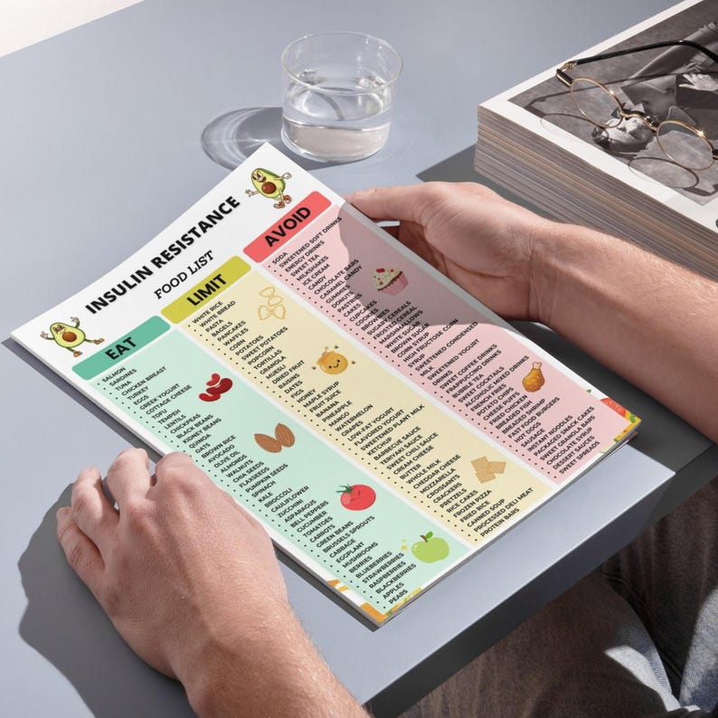 Insulin Resistance Food List Printable Chart with Eat Limit Avoid sections and multiple foods organized in a visual diet food list PDF
